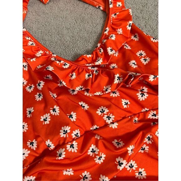 NEW COLUMBINE WRAP-EFFECT FLORAL-PRINT HALTERNECK SWIMSUIT IN TOMATO RED 38/M/6 - Picture 6 of 8